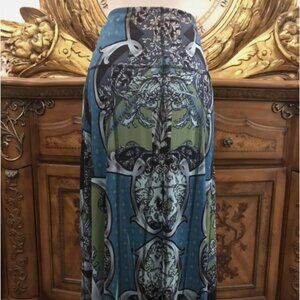 Vintage One World Fit and Flair Skirt Size L Turquoise Green Print